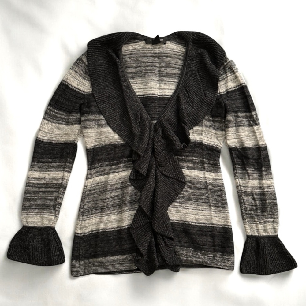 Black & Grey Ruffle Lapel Striped Knit Wool/Cotton Cardigan with Bell Sleeves